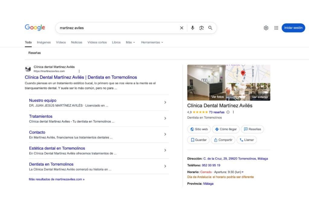 Presencia en Google de Clínica dental Martínez Avilés, Torremolinos